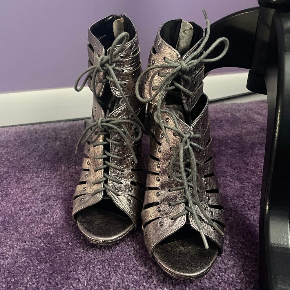 Pewter bootie with tons of detail! Lace-up, cut out, open-toe, zip-back. Comfy!